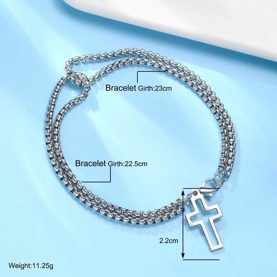 Mens Fashion Hollow Cross Wrist Bracelet Vintage Simple Stainless Steel Double Chain Bracelet Hip Hop Punk Party Jewelry Gifts XJ250524