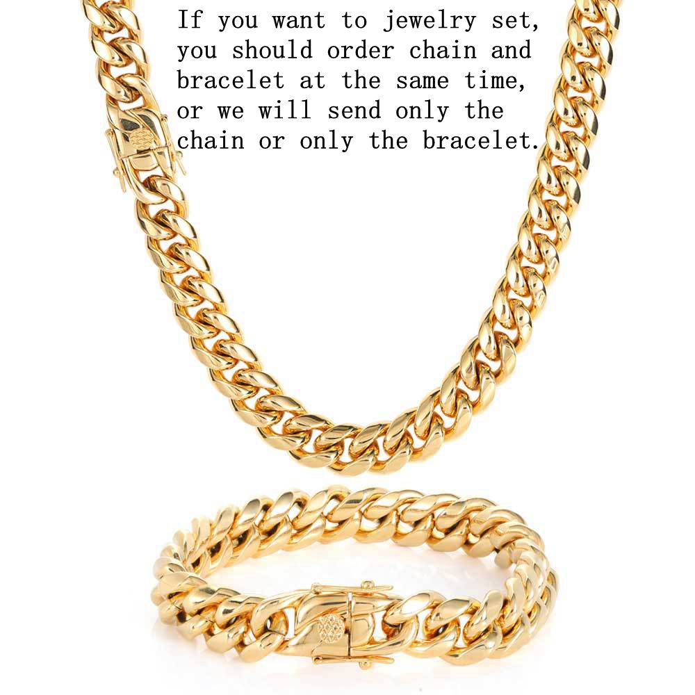 Cuban Link Chain Necklace Bracelet Jewelry 18K Real Gold Plated Stainless Steel Miami Necklace with Design Spring Buckle