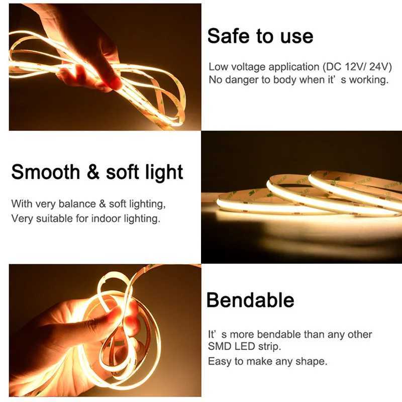 UL Listed COB LED Strip Light 320 480 LEDs/m 16.4ft High Density Flexible Tape Ribbon 3000-6500K RA90 Led Lights DC12V 24V W250524
