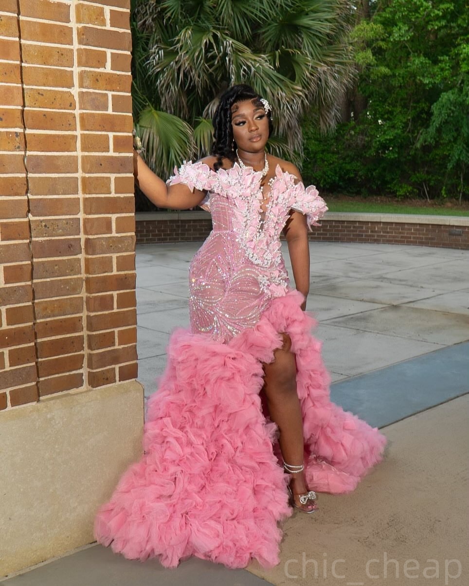 Pink Mermaid Prom Dresses 2025 Florals Pearls Tulle Tiers Luxurious Evening Formal Party Second Birthday Engagement Gowns Plus Size Dress For Special 