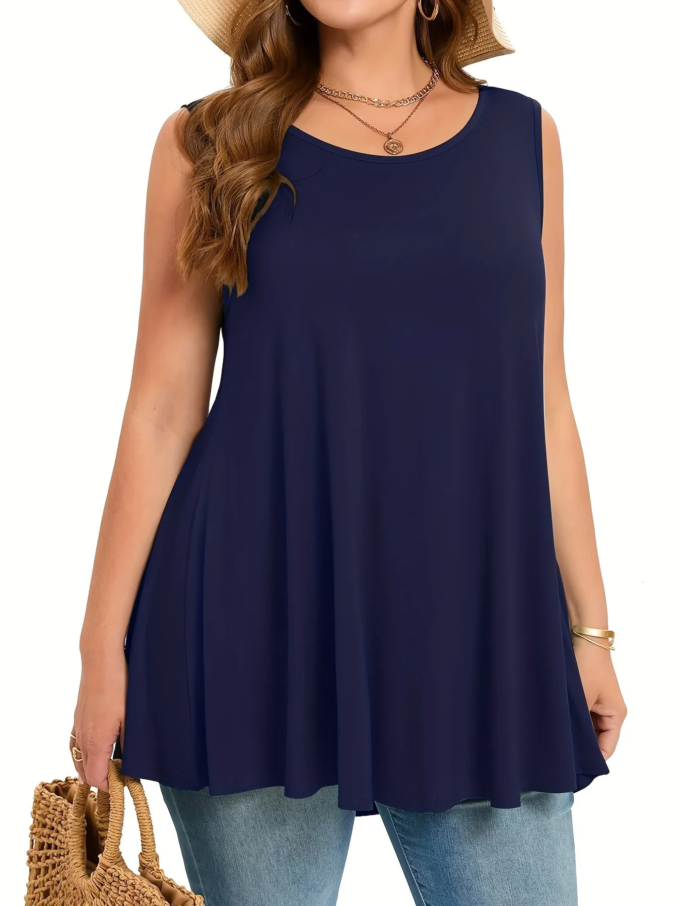 Plus Size Simple Solid Tank Top Casual Crew Neck Sleeveless For Summer Womens Clothing 250523