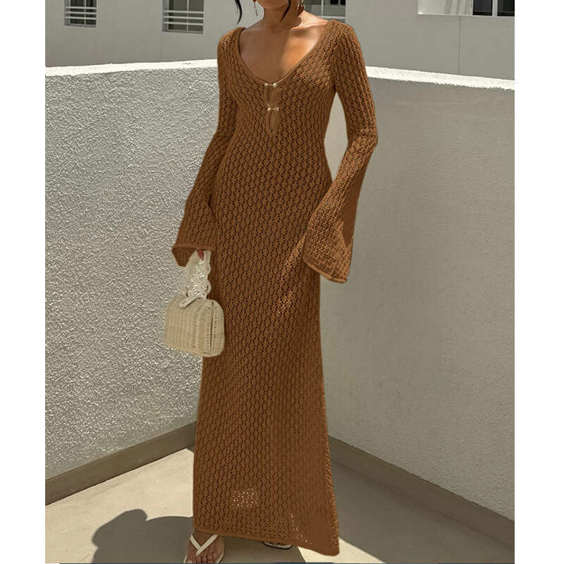 Maxi Dress New Hollowed Out Texture V Neck Round Button Sleeved Vacation Dress Beach Sunscreen Backless Long Skirt Long Dress