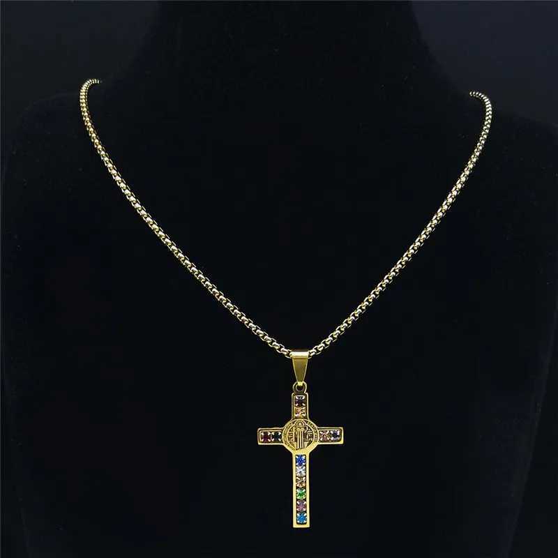 Catholic Jesus Cross Stainl Steel Necklace Saint Benedict Crystal Virgin Mary Pendant Crucifix Male Necklaces Jewelry cruz XJ250524