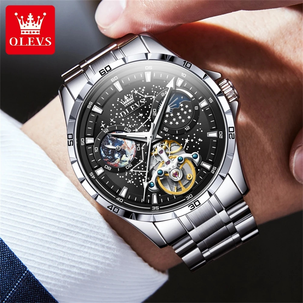 OLEVS Original Mens Watches Luminous Fully Automatic Mechanical Watch Waterproof Moon Phase Starry Multifunctional 250603