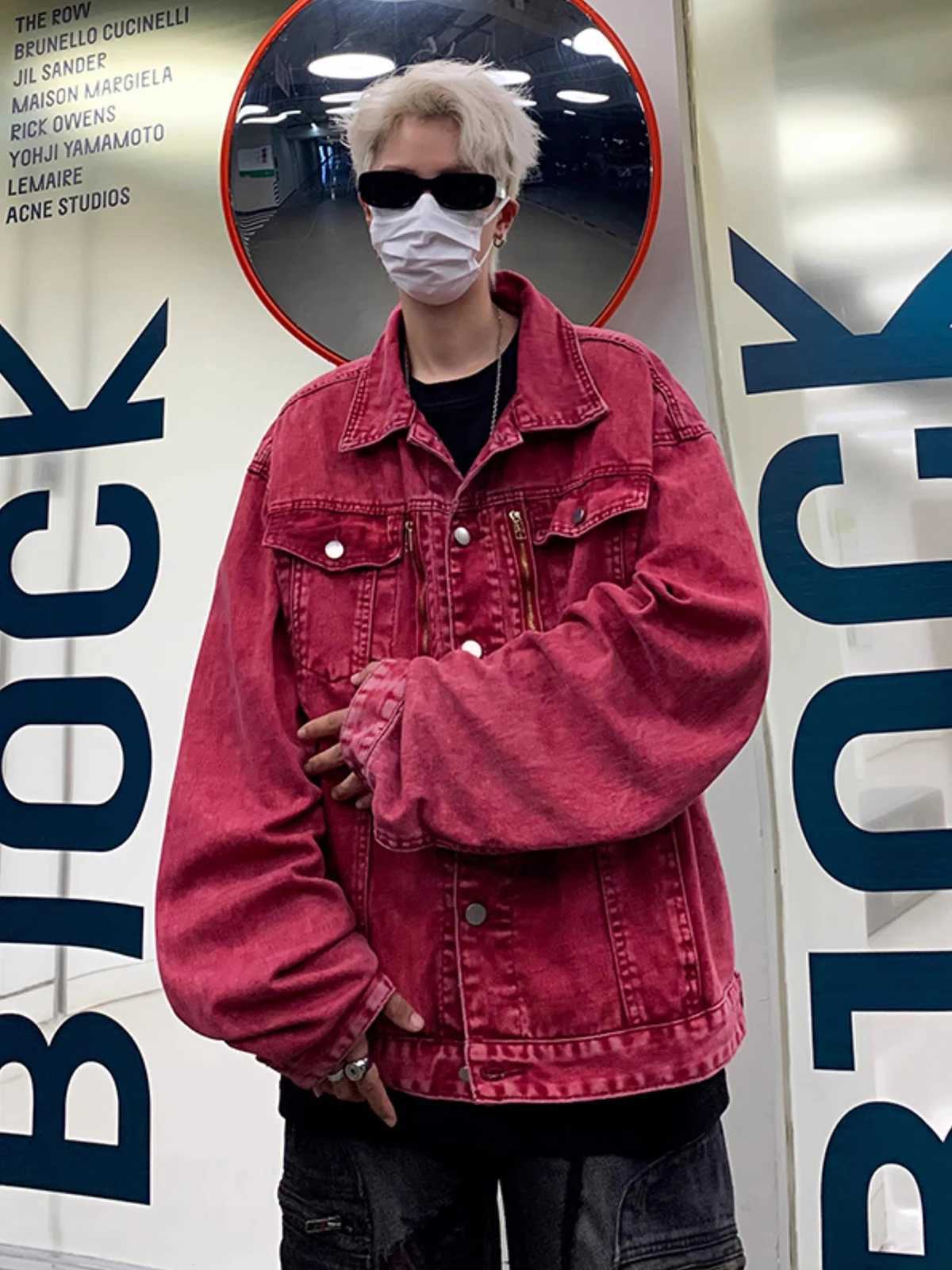 REDDACHIC Distressed Red Denim Jacket for Men Windbreaker Zipper Decor Loose Casual Bomber Coat Autumn Vintage Y2k Streetwear W250524