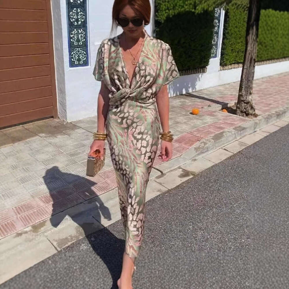 Maxi Dress Autumn New Women S Clothing Temperament Printed Sexy V Neck Cinched Waist Twisted Short Sleeved Dress For Women Floral Dress