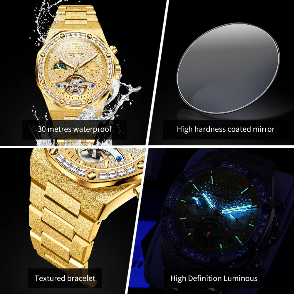OLEVS 9805 High end Men Watches Waterproof Moon Phase Diamond Dial Fashion Mechanical Watch Skeleton Original Wristwatch 250603