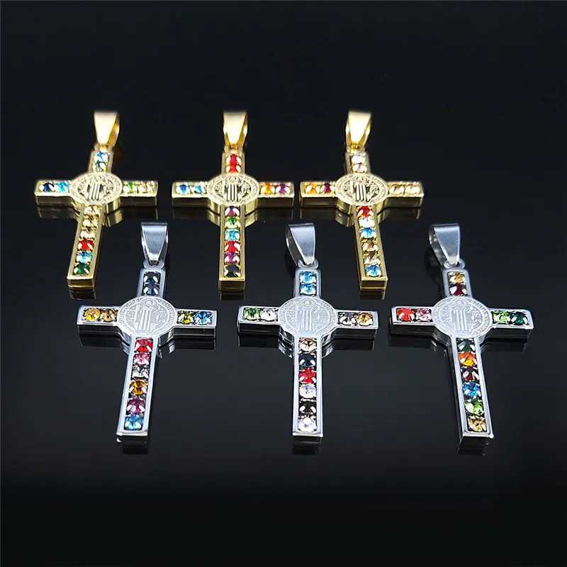 Catholic Jesus Cross Stainl Steel Necklace Saint Benedict Crystal Virgin Mary Pendant Crucifix Male Necklaces Jewelry cruz XJ250524
