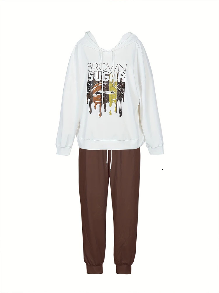 plus Size Womens Long Sleeve Hooded Pants Set Loose Casual Letter Patterned Suit XL5XL Autumn Winter Collection 250513Z