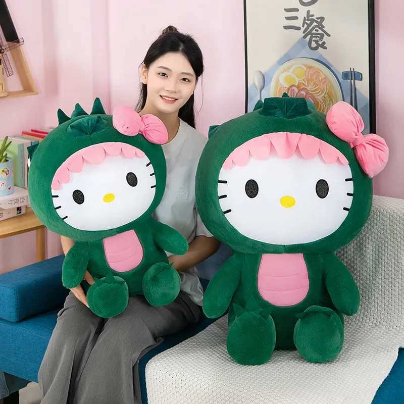 Sanrio 35/50/65cm Sanrio Kawaii Hello Kitty Dinosaur Plush Toy Cartoon Doll Room Decoration Sleeping Throw Pillow Kids Birthday Giftw250524