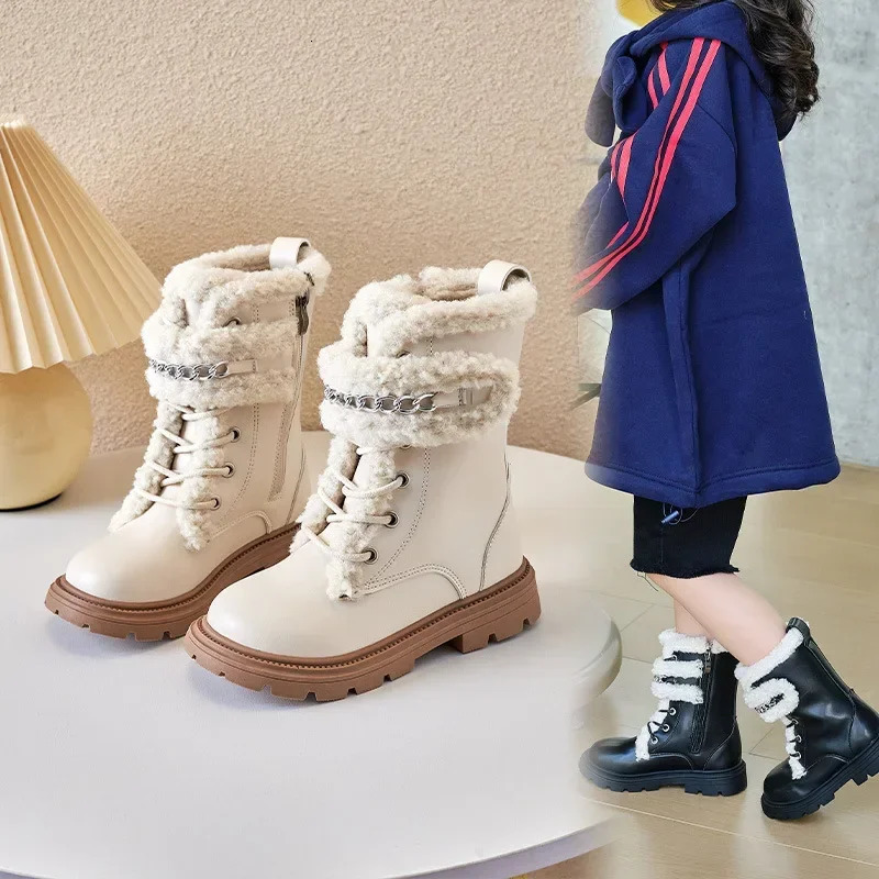 Winter Childrens Boots Elegant Versatile Girls Long Boots Matte Leather Kids Fashion Causal Cotton Boots Thick Bottom Plush 250522