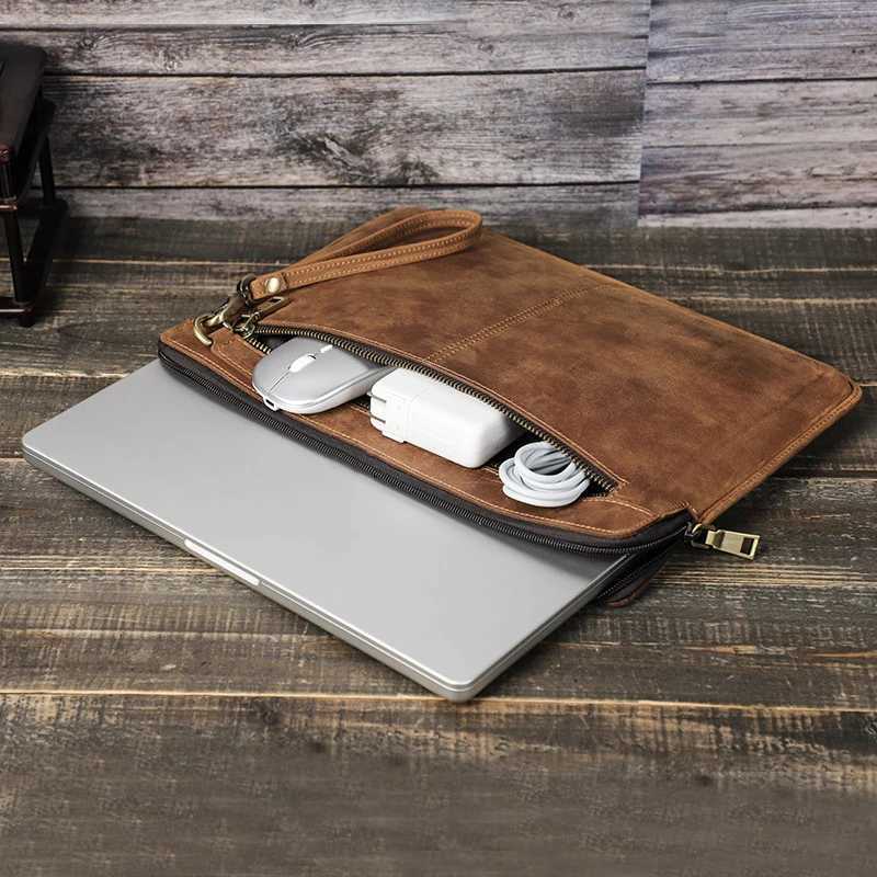 Crazy Horse Leather Laptop Sle Case For Book Pro 14.2Inch Book Pro Book Air Case with Zipper Z250524