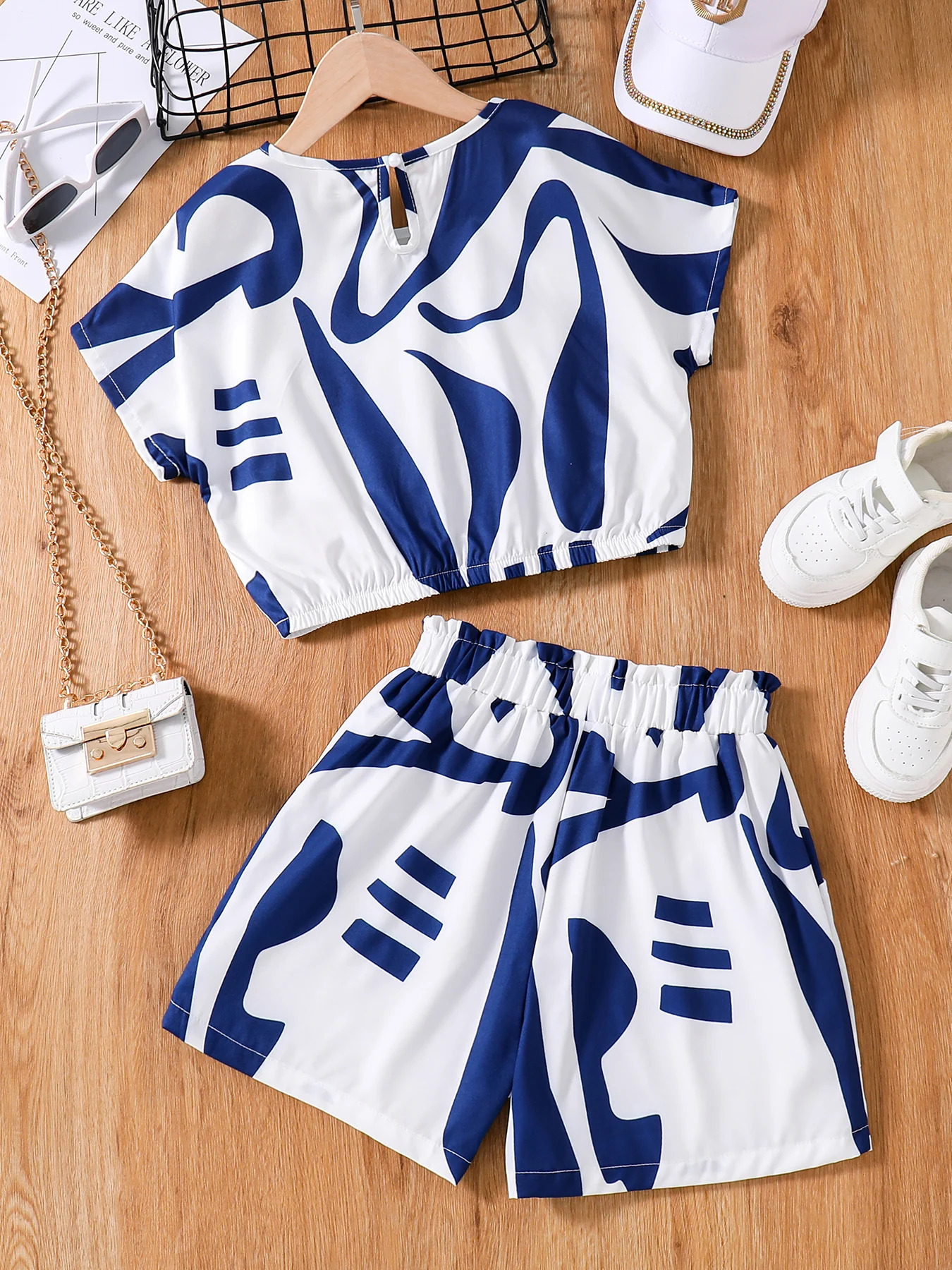 Spring and summer cute girl clothing fashion 2piece outdoor casual white striped round neck Tshirt set 250517z