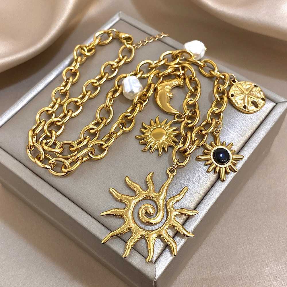 Spiral Sun Totem Gold Plated Charms Necklace for Women Ethnic Jewelry Waterproof Stainl Steel Sunburst Moon Charm Pendant XJ250524