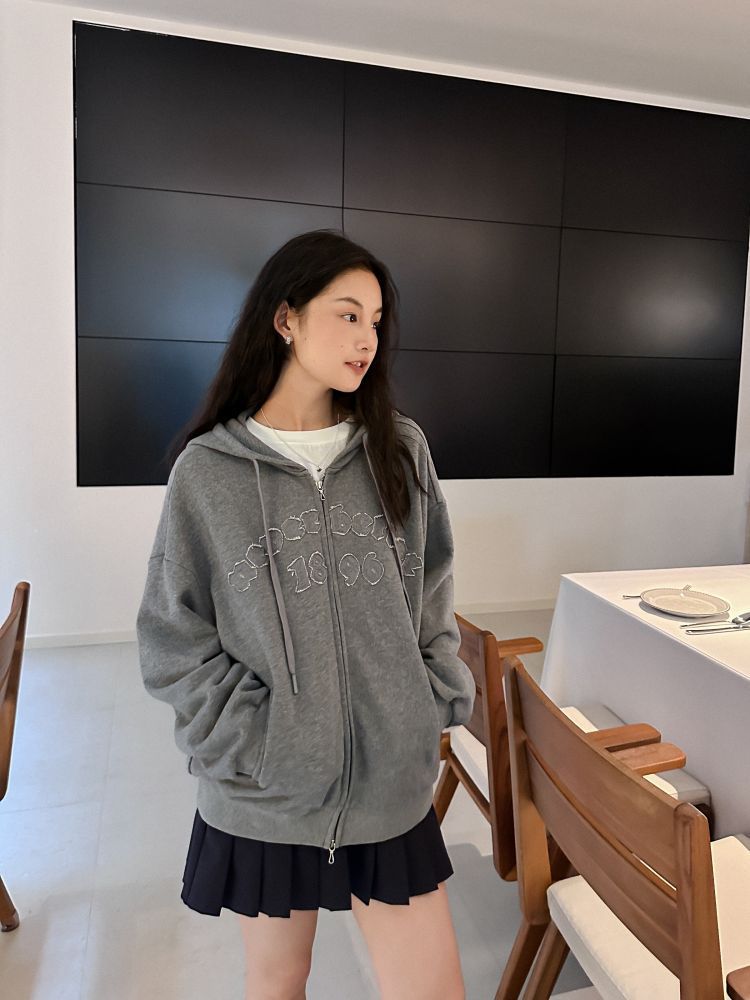 La8808 Sports simple letter patch embroidery hooded zipper loose cardigan sweatshirt