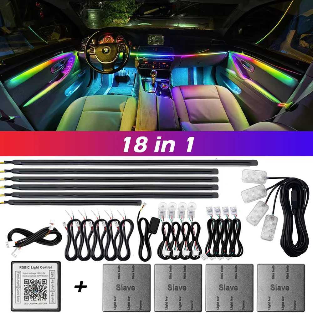 18 in 1 Dual Zone Symphony Streamer Car Ambient Light Interior LED Full Color RGB Neon Acrylic Strip Atmosphere Lighting Kit App W250524