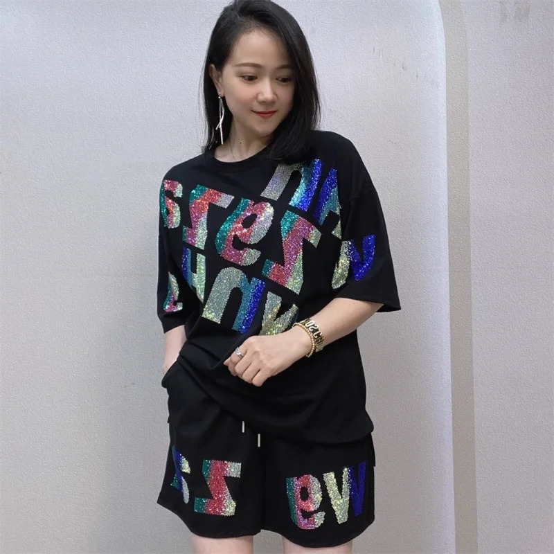 Diamonds Letter Fashion Plus Size Two Piece Set American Street Vintage Crew Neck Top Elastic Waist Shorts 250516Z