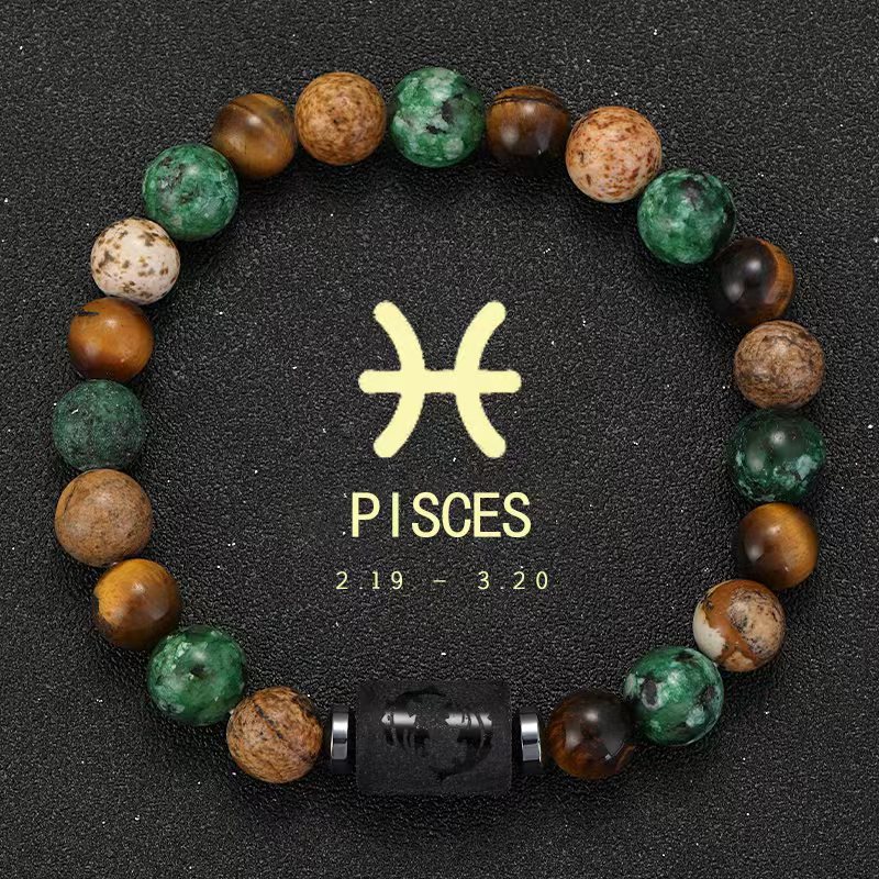 Zodiac Tiger Eye & Agate Picture Jasper Gemstone Bead Bracelets for All Astrological Signs