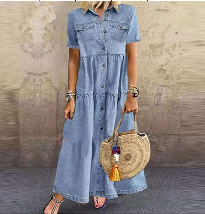 Maxi Dress Quick Selling Outong Denim Style Long Multi Button Vintage Dress Floral Dress
