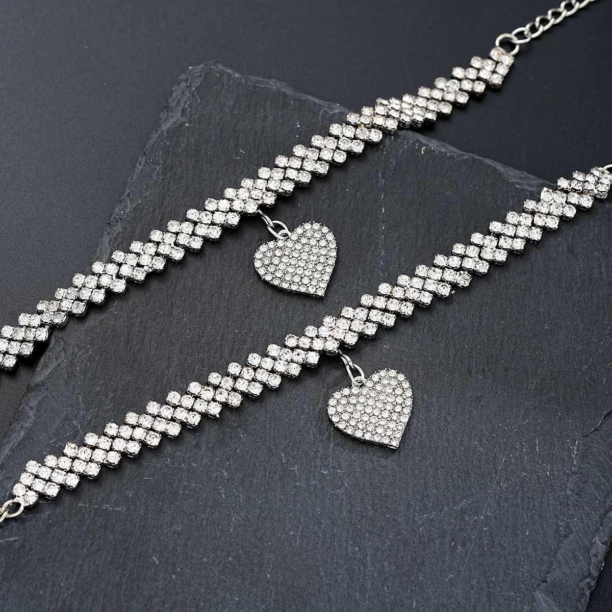 2 Pcs Fashion Silver Color Rhinestone Heart Pendant Anklet for Women Ins Bling Love Foot Ankle Bracelet Set Chain Jewelry Gifts XJ250524