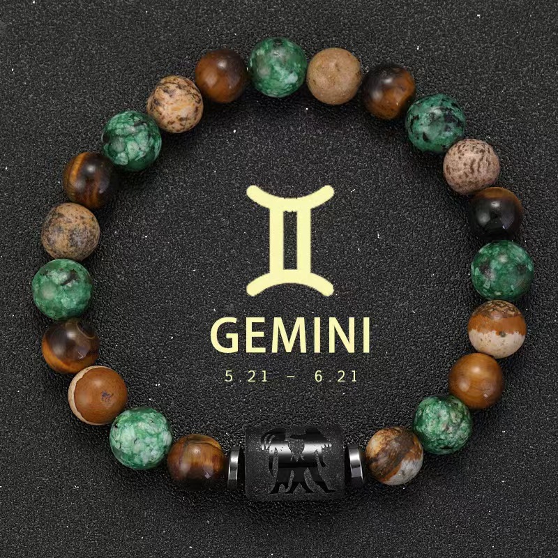 Zodiac Tiger Eye & Agate Picture Jasper Gemstone Bead Bracelets for All Astrological Signs