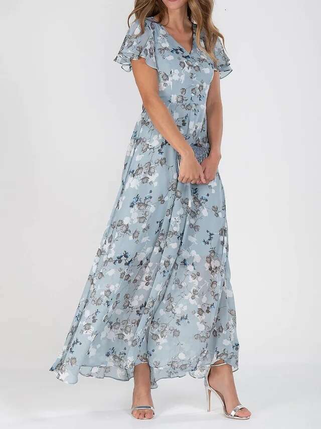 Maxi Dress New Beach Flare Long Skirt Chiffon Fragmented Flower Short Sleeve Ruffle Edge V Neck Fashion Waist Closing Dress Long Dress