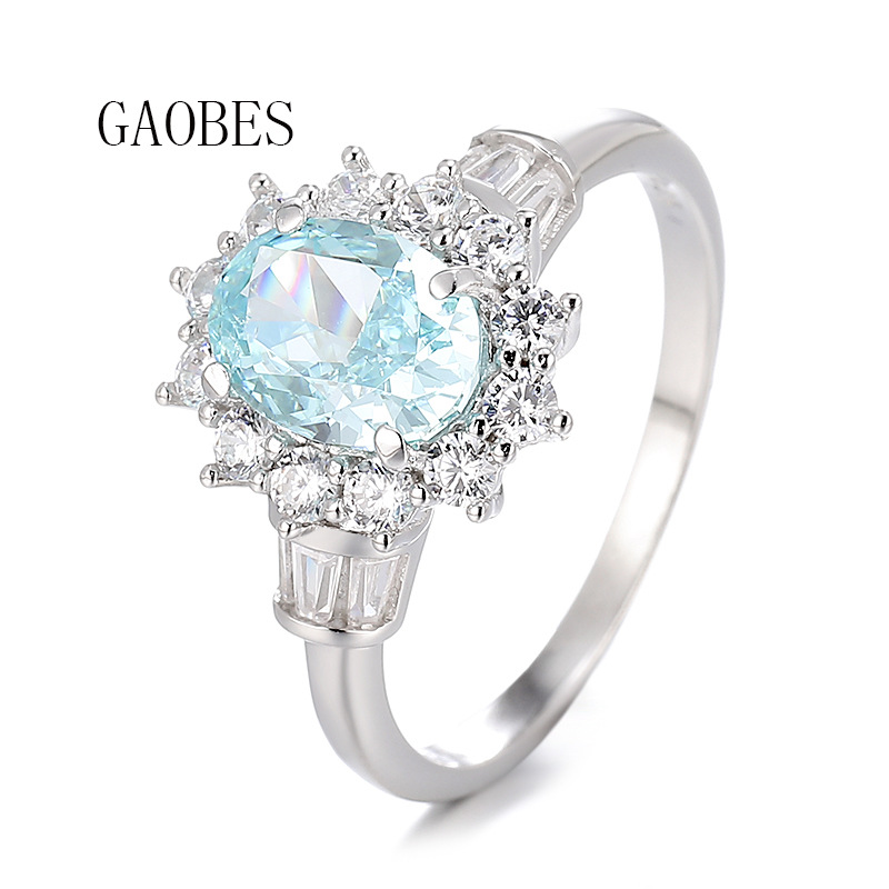 S925 Sterling Silver High Carbon Diamond & Gemstone Ring, Oval Cut Pink & Aquamarine Full Halo Diamond Ice Flower Design, Luxury Wedding Jewelry Ring