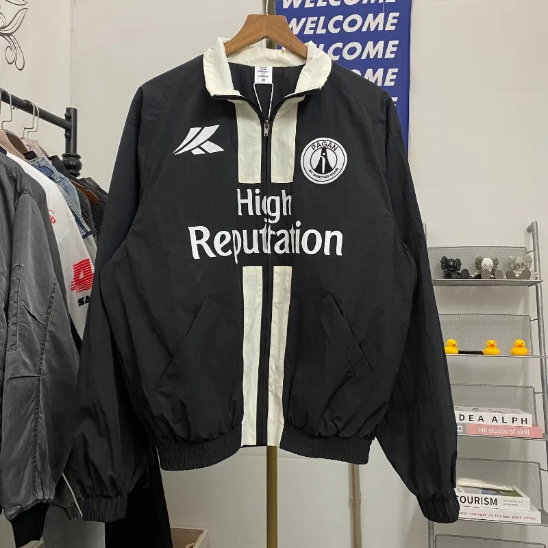 High Street Stripe Letter Print Stand Up Collar Zipper Windbreaker Loose Jacket for Men Women