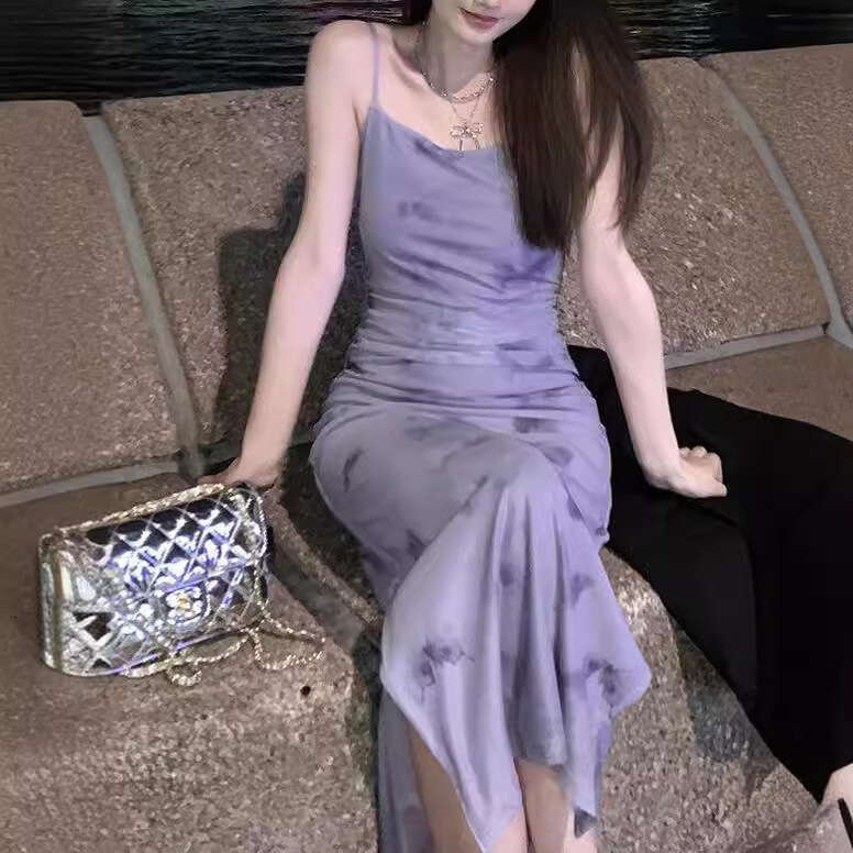 Maxi Dress French Purple Floral Suspender Dress For Children Summer Vacation Beach Skirt Early Spring New Style Long Dress