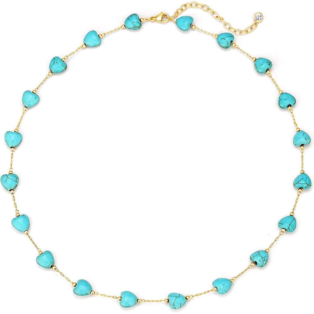 Women's turquoise 14K gold-plated bead heart-shaped Bohemian necklace handmade beach daily gold jewelry gift