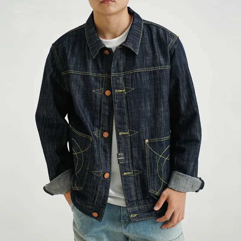 Heavyweight Denim Jackets for Men Autumn American Vintage Casual Loose Outwear Pockets Embroidery Flowers 00% Cotton American W250524