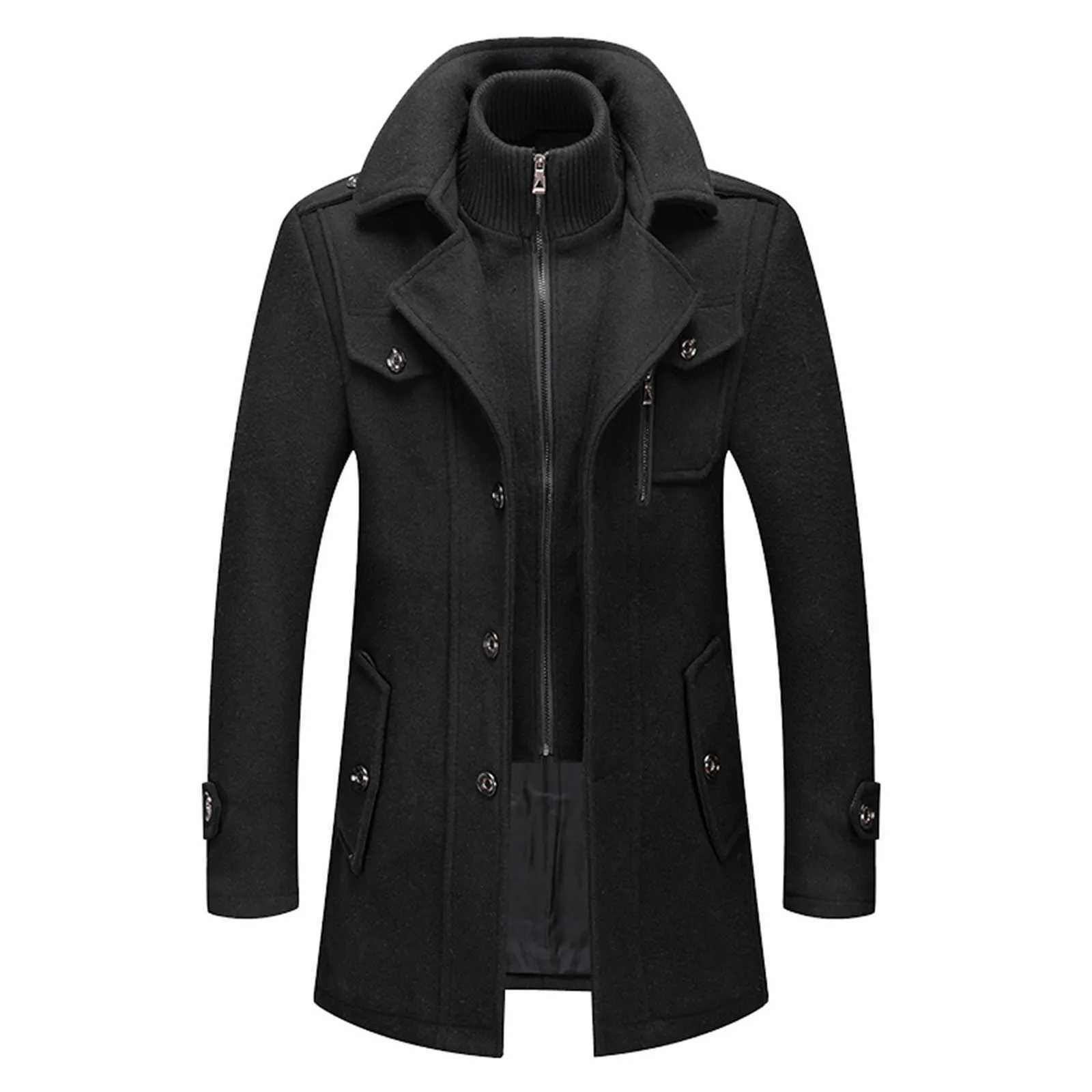Mens Black Outwears Jackets Fall Winter Warm Long Sleeve High Collar Zipper Fake 2 Piece Business Woolen Trench Coats Plus Size W250524