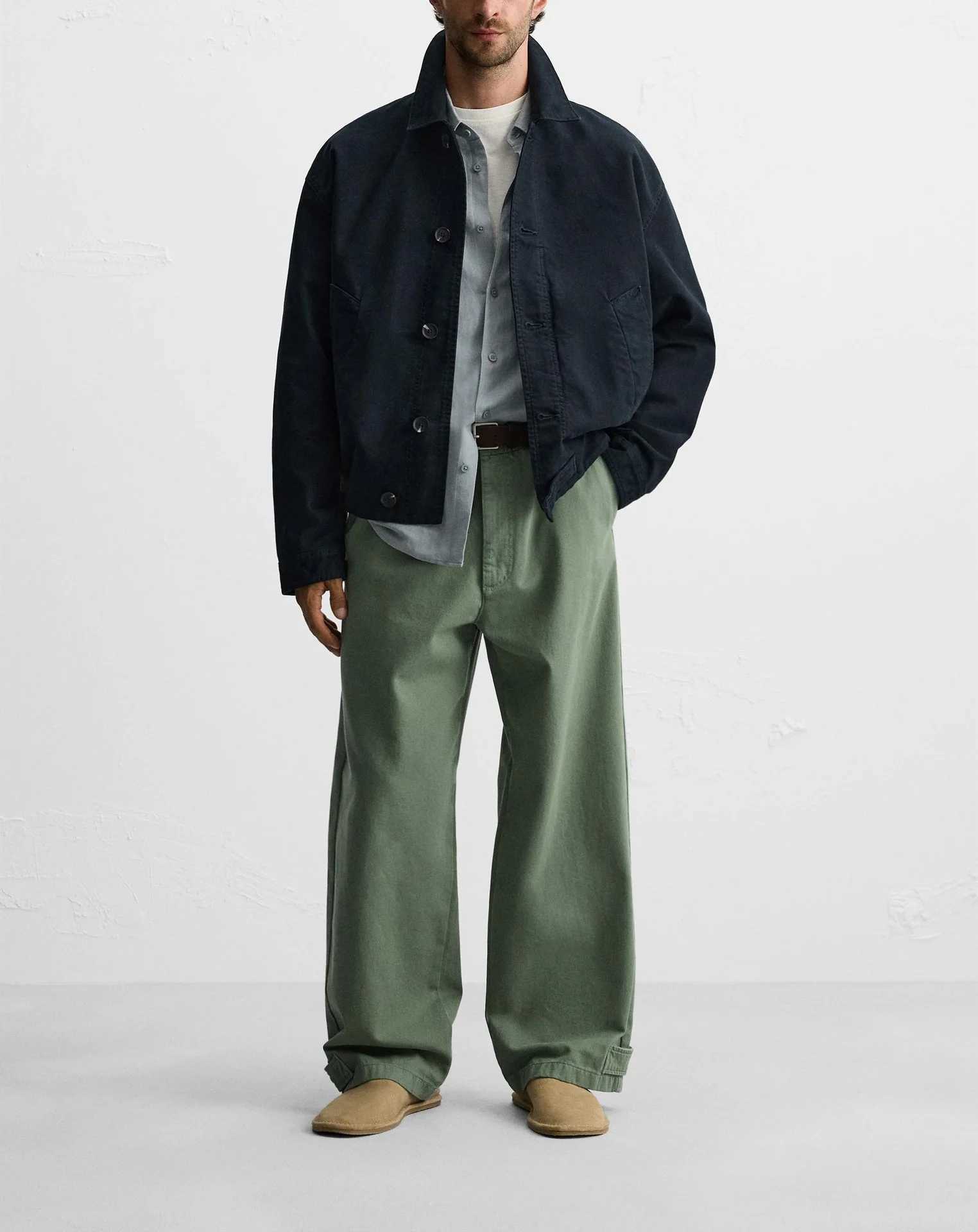 Mens Cotton Canvas Textured Lapel Long Sleeve Jacket Men W250524