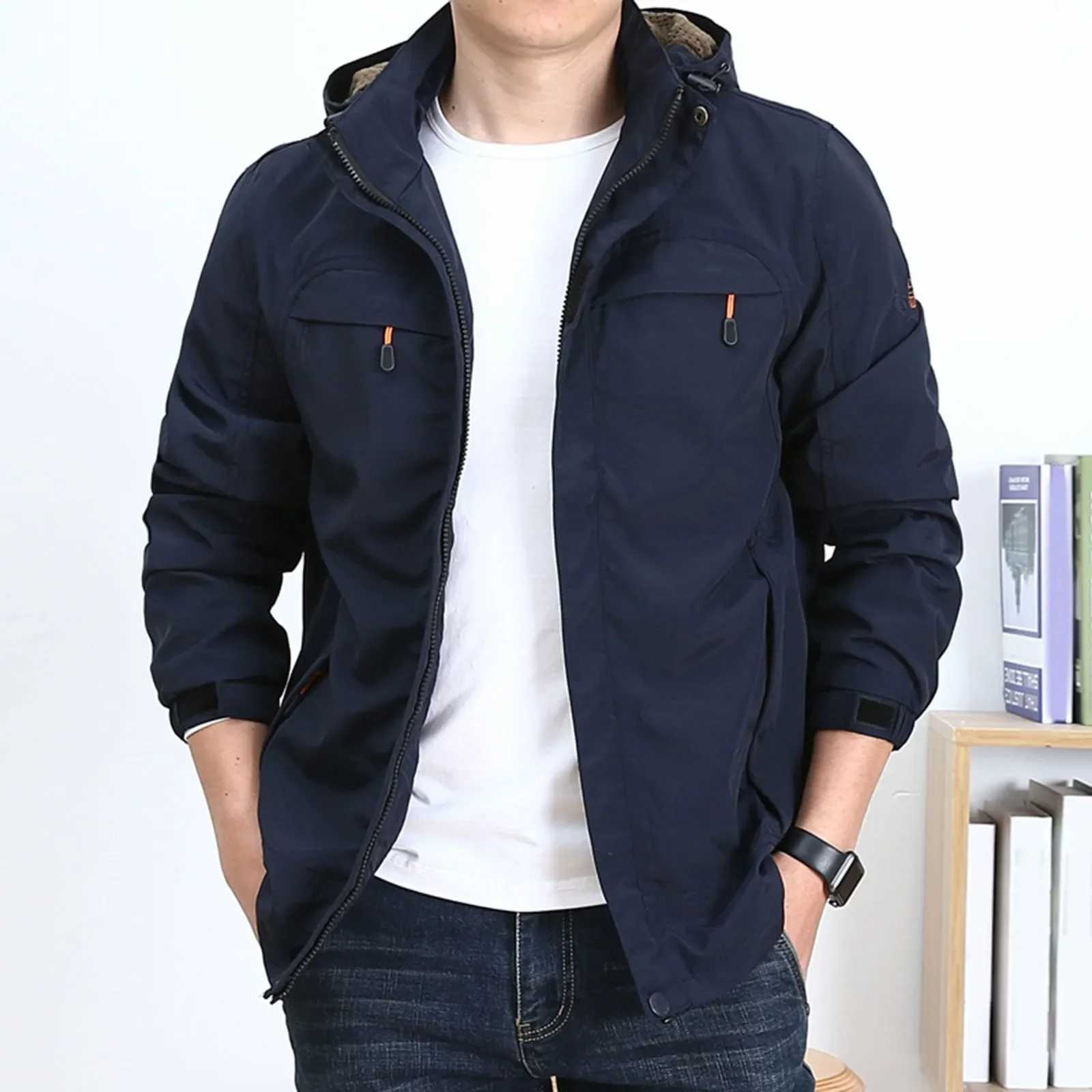 Mens Medium Long Cotton Jacket Leisure Pocket Washed Cotton Tooling Cotton Jacket Outdoor Windproof Solid Color Simple Jacket W250524