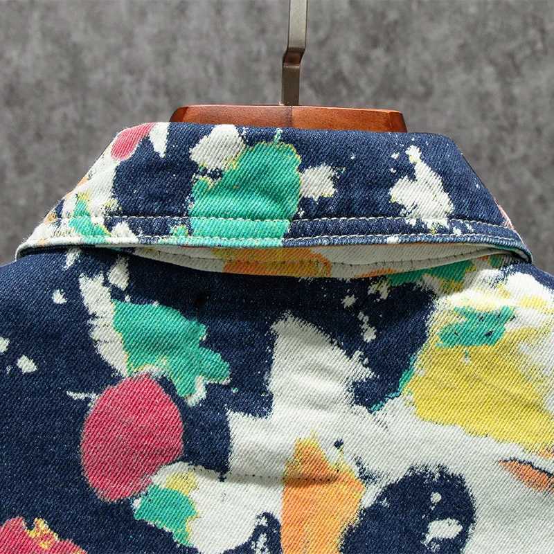 Mens Forest Camouflage Print Denim Jacket Loose Turn Down Collar Cargo Jean Coat Pockets Outerwear W250524