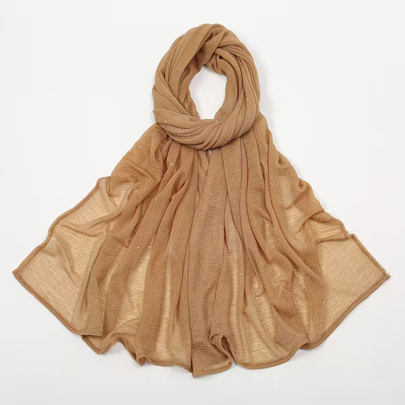 T791 solid color hemp wrinkled starry sky hot diamond headscarf female new style pleated feel monochrome simple long scarf