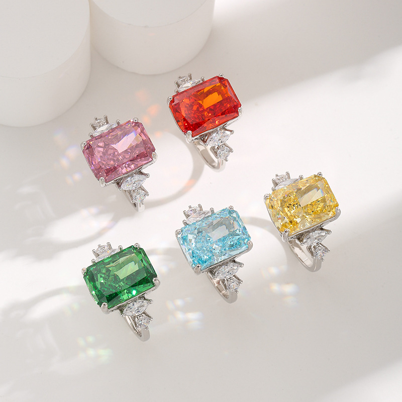 Colorful Rectangular Gemstone Ring with Five-Color Diamond Inlays, Stylish Luxury Women's Ring, Perfect for Birthdays and Anniversaries