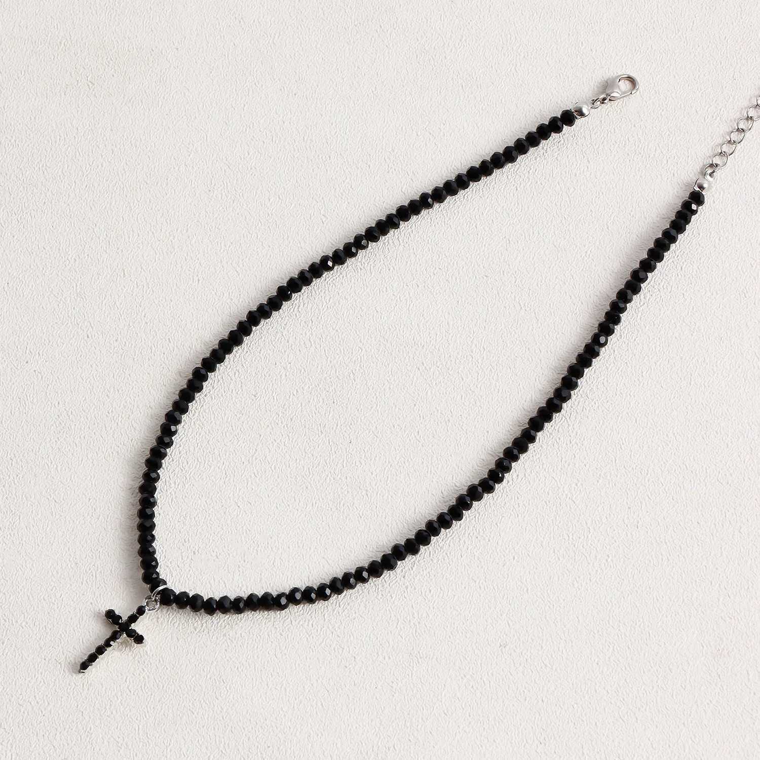Simple Black Beads Necklace with Cross Pendant Female Jewelry Luxury Rhinestone Choker Necklaces Women Ladies Party Necklace XJ250524