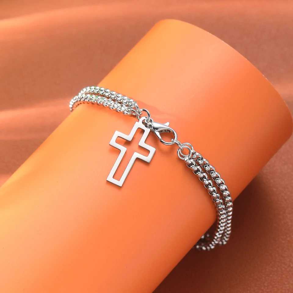 Mens Fashion Hollow Cross Wrist Bracelet Vintage Simple Stainless Steel Double Chain Bracelet Hip Hop Punk Party Jewelry Gifts XJ250524
