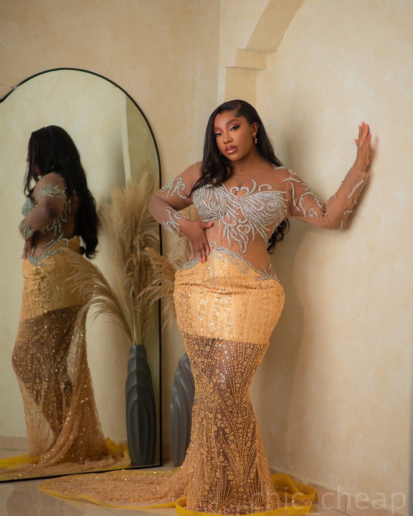 Gold Mermaid Prom Dresses 2025 Illusion Beaded Lace Sequined Evening Formal Party Second Birthday Engagement Gowns Plus Size Dress For Special Occasio