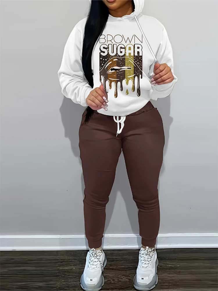 plus Size Womens Long Sleeve Hooded Pants Set Loose Casual Letter Patterned Suit XL5XL Autumn Winter Collection 250513Z