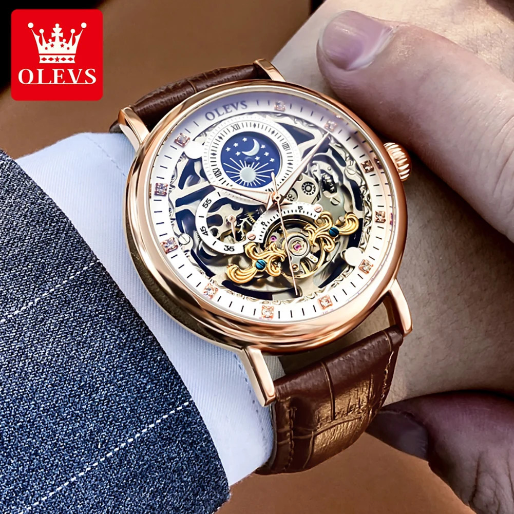 OLEVS Skeleton Watches Mechanical Automatic Watch Men Sport Clock Casual Business Moon Wrist Watch Relojes Hombre 250603