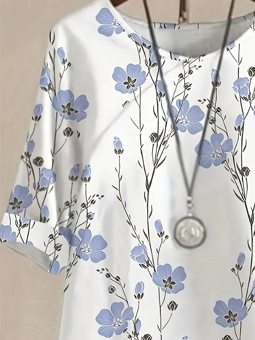 Plus size womens round neck spring and summer casual Chinese style nonelastic loose polyester fiber printed shortsleeved suit 250513Z