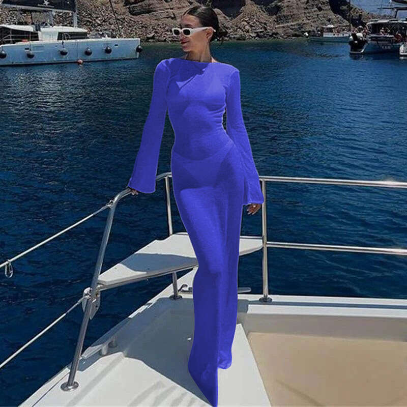 Maxi Dress Autumn New Skirt Round Neck Beach Bikini Top Sunscreen Long Sleeve Bareback Dress Long Dress