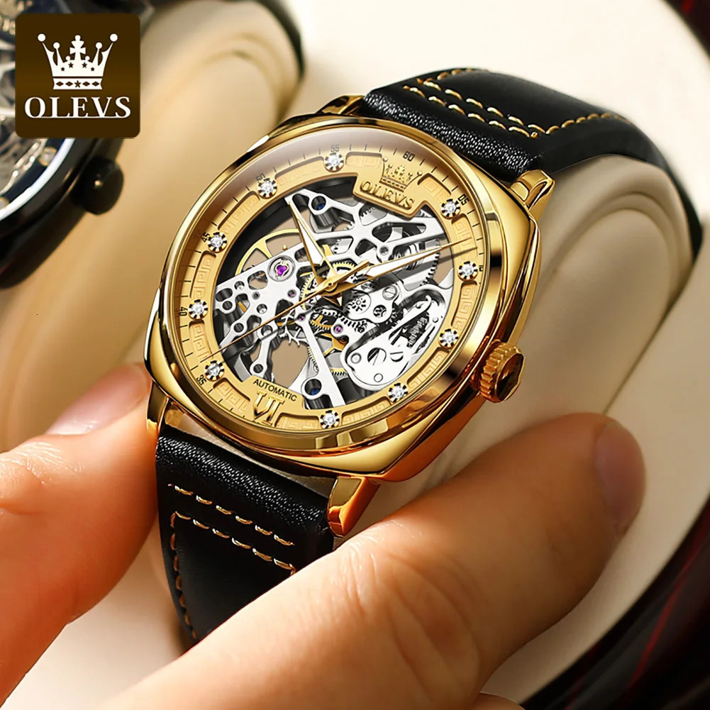 OLEVS 6651 Top Men Watches Fashion Dress Automatic Mechanical Wristwatch Wateproof Luminous Hollow Flywheel Watch for man 250603