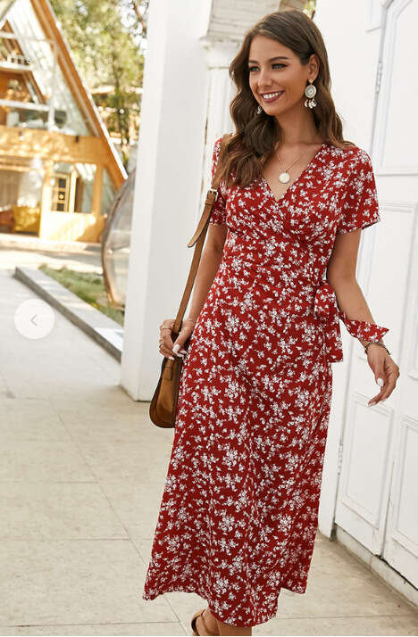 Maxi Dress Printed V Neck Short Sleeved Lace Up Cardigan Dress Long Skirt Floral Dress