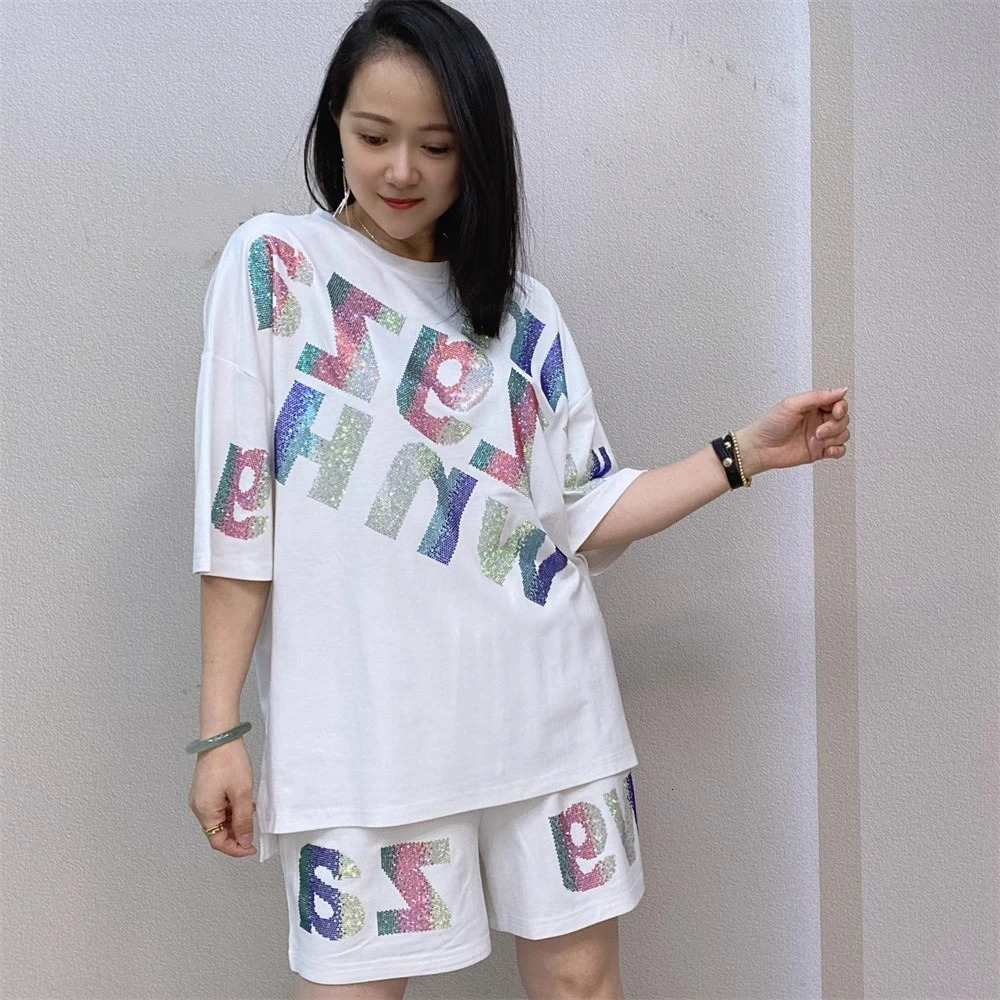 Diamonds Letter Fashion Plus Size Two Piece Set American Street Vintage Crew Neck Top Elastic Waist Shorts 250516Z