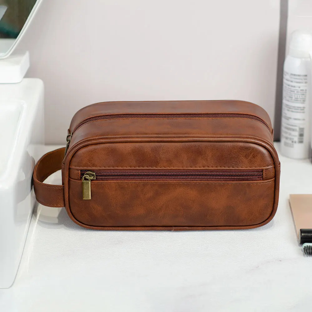 Men Leather Wash Bag Travel Business Trips Portable Cosmetic Bag Large Capacity Multi Pocket Handheld Leather Wash Bag 250603