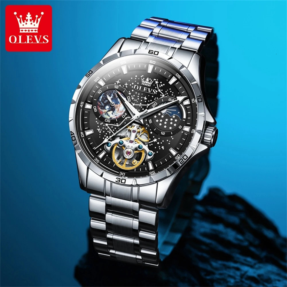 OLEVS Original Mens Watches Luminous Fully Automatic Mechanical Watch Waterproof Moon Phase Starry Multifunctional 250603