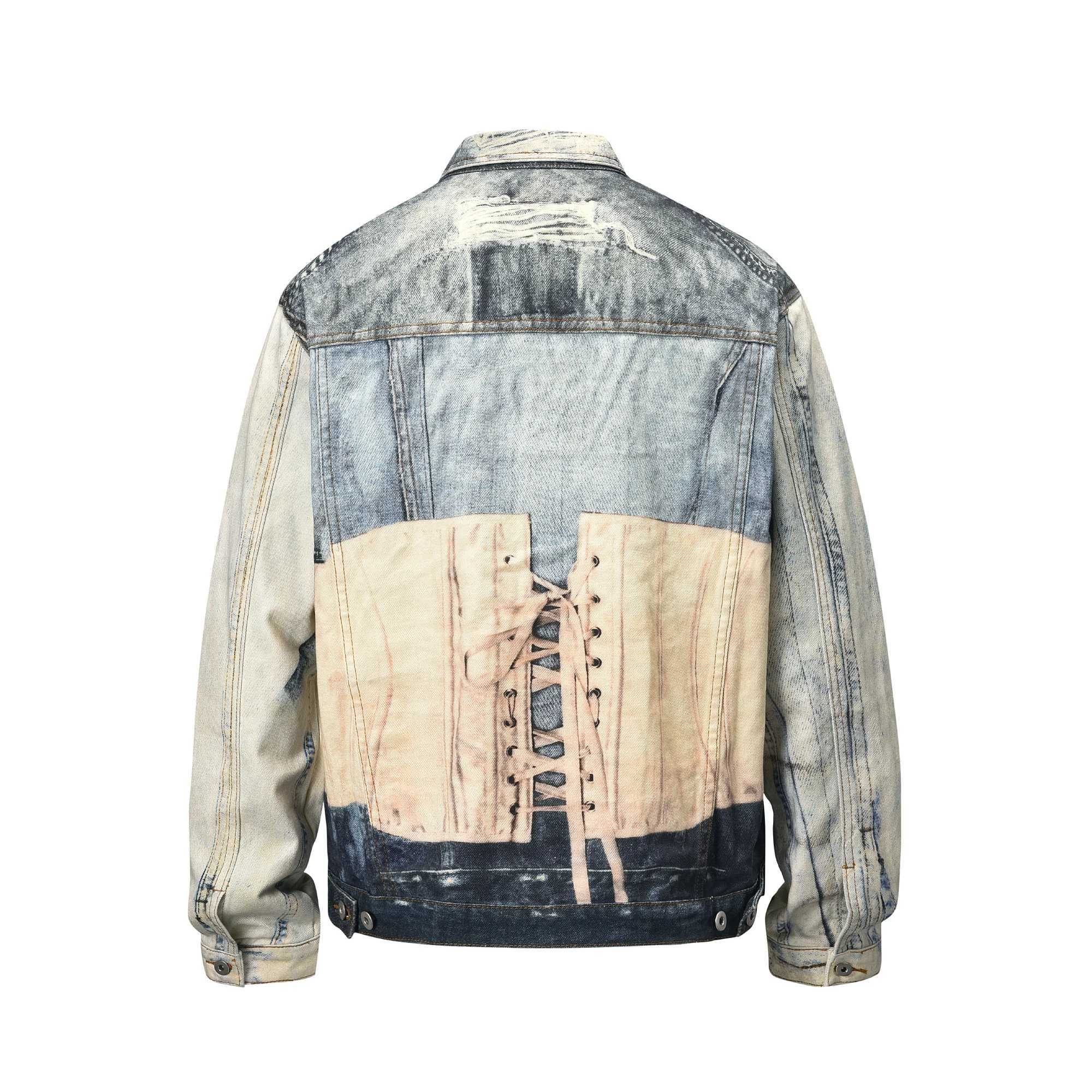 Y2k Contrast Color Back Lace Up Patchwork Denim Coat for Men and Women Windbreaker Bomber Jacket Casual Loose Jeans Clothes W250524